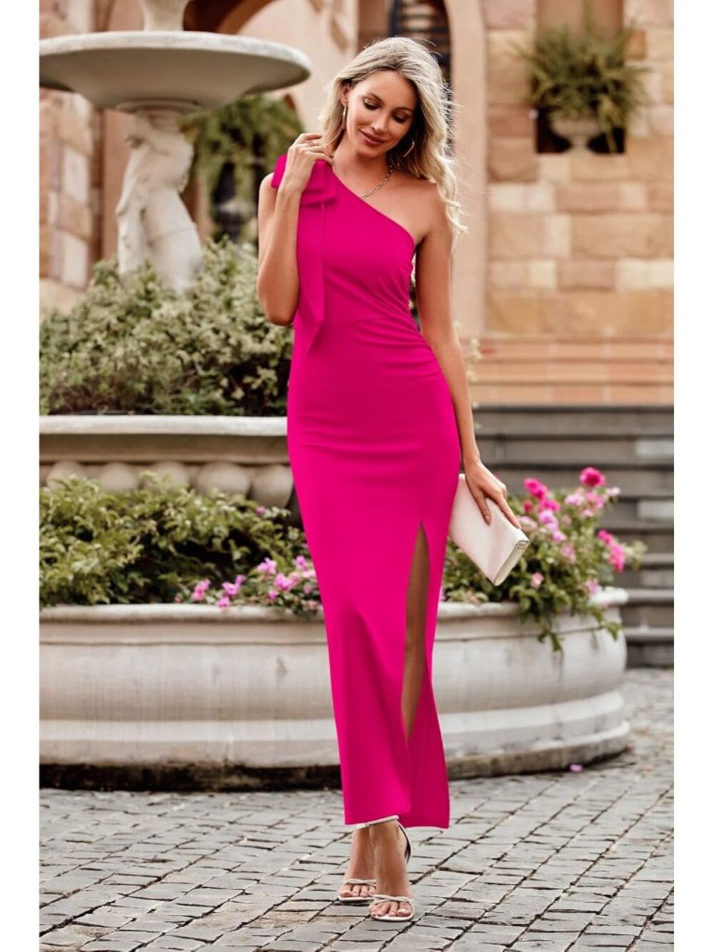 Women's Rose Red Summer One Shoulder Long Formal Dress Ruched Bodycon Maxi - Picture 2 of 6